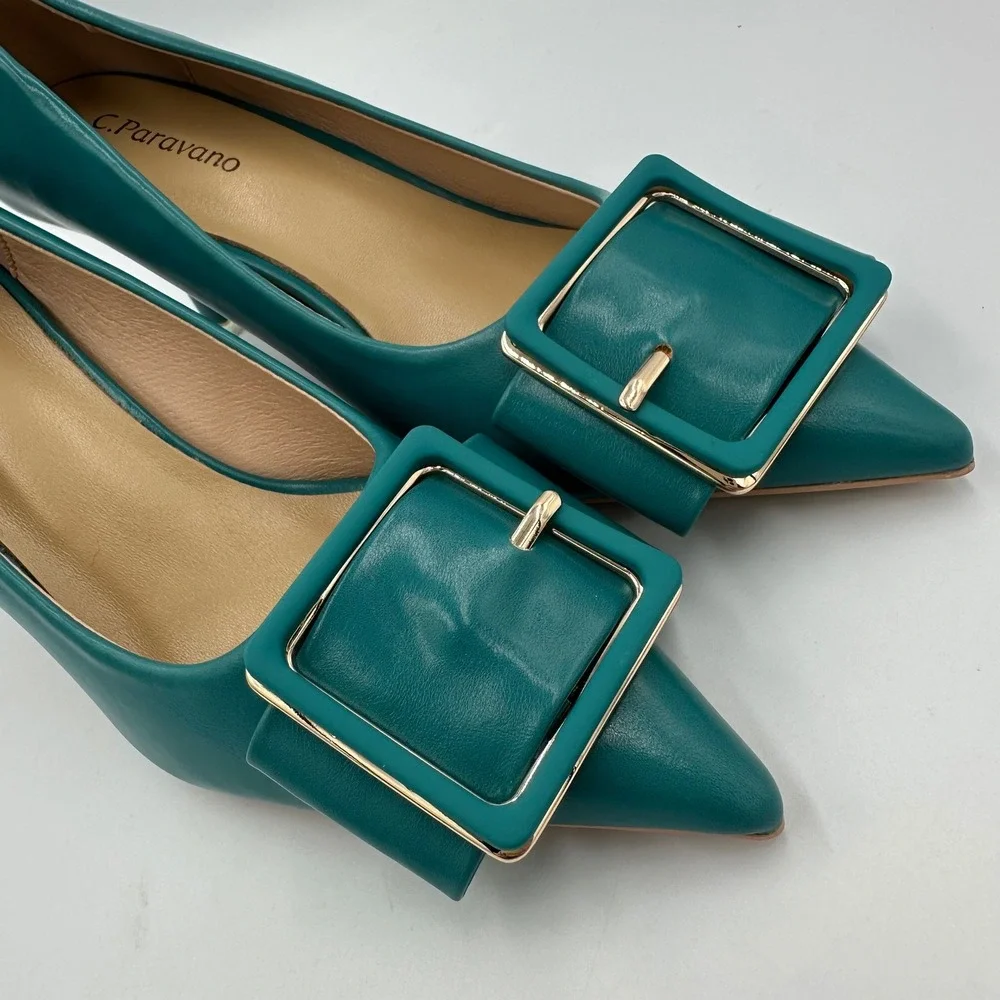 C.Paravano Peacock Blue Buckle Pumps Sz 36 / 5.5 Leather Pointed Toe Kitten Heel